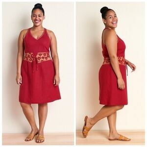Vintage Y2K Yves Cossette Depeche Mode Red Linen Halter Embroidered Dress Sz 16